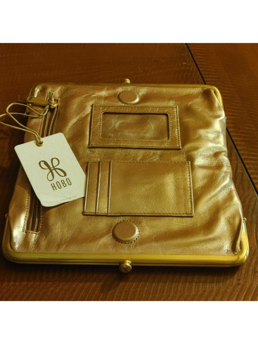 Hobo Metallic Wallet Clutch Kisslock Lauren Cameo Leather Double Frame Brass - Picture 12 of 13